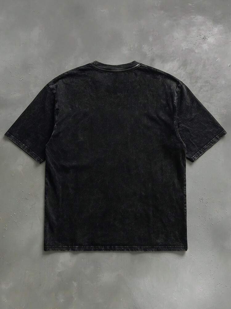 Vintage Washed Black Graphic T-Shirt With Large Front Logo Print Short Sleeve Crew Neck Oversized Fit Casual Streetwear