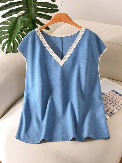 CosyJoli Áo sơ mi nữ cỡ lớn, cổ ren, màu xanh dương, chất liệu vải mềm mại, thích hợp mặc đi làm.