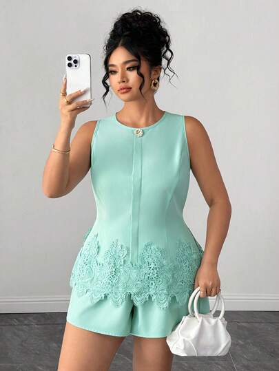 Elenzga Plus Size Women's Elegant Mint Green Hem Lace Trim Button Decor Blouse, Women's Summer 2-Piece Set Tie-Dye Sleeveless Top, Delicate Elegant New Color Party Dress, Soft Fabric Spring Summer Holiday, Suitable For Music Festival, Mother's Day, Halloween, Thanksgiving, Easter, National Day, Prom, Date, Wedding, Outdoor Activities