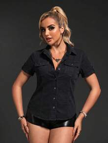SHEIN SXY 女款單排扣休閒百搭牛仔上衣，適合日常穿著 - 黑色 - 查看 2