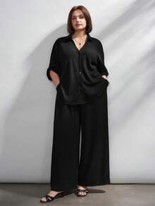 Chikora Plus Size Women's Solid Color Single-Breasted Top And Wide-Leg Pants Set, Suitable For Office Wear And Various Occasions In Summer - Black - View 4