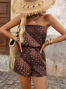 Brillora Vacation Woven Striped Print Bandeau Jumpsuit For Women - Brown - View 6