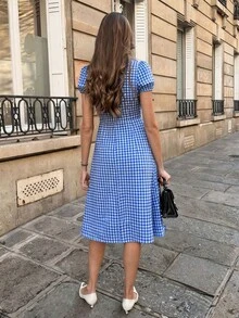 SHEIN PariChic 女士春夏蝴蝶结领波点连衣裙，短款花瓣袖A字腰连衣裙 - 藍色 - 查看 2
