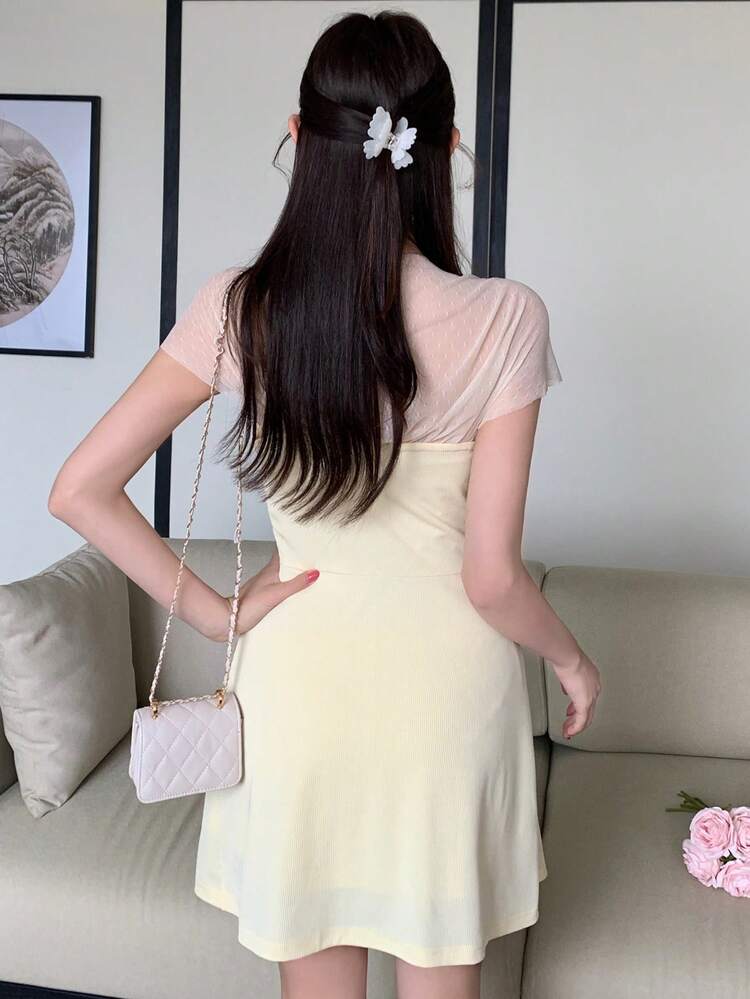 Spring & Summer Women's Mesh Patchwork Backless Dress, Sexy Waist Cinching A-Line Mini Dress, Elegant Yellow Long Dress