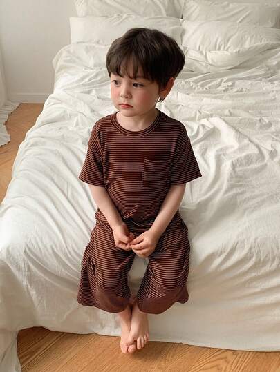 DAZY 2pcs Toddler Boys' Round Neck Solid Color Plaid Casual Pants, Comfortable Homewear Set