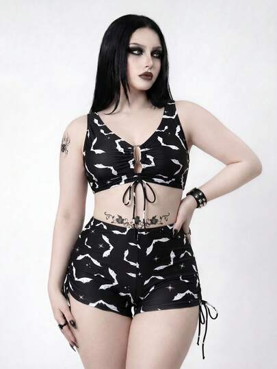 ROMWE Goth Conjunto de traje de baño de talla grande con estampado de murciélago para primavera/verano 2026