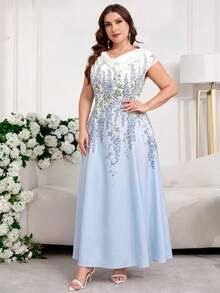 Reflora Đầm tay ngắn thanh lịch, cổ chữ V, họa tiết hoa, cỡ lớn, màu ombre. - Màu xanh nhạt - Xem 5