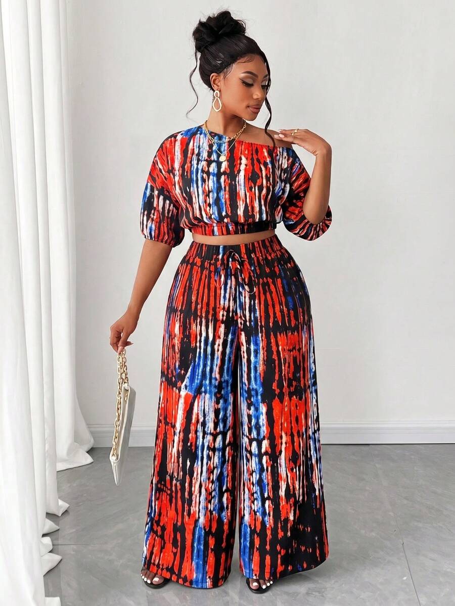 Maweii Setelan 2 Potong Lengan Pendek Kerah Asimetris Motif Fashion Ukuran Plus - MultiWarna - View 1