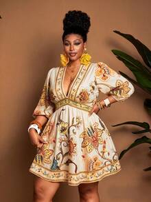 Maweii Vestido plus size de verão com estampa floral, decote em V profundo, cintura marcada e mangas bufantes. - Multicolorido - Ver 1