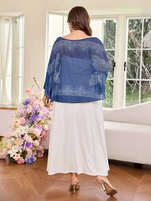 Modelyn Bộ đồ 2 mảnh dành cho nữ cỡ lớn, gồm áo lưới in hoa xanh trắng và váy slip, kiểu dáng thanh lịch, lãng mạn và thời trang, phong cách quý phái. Bộ gồm áo và váy slip và váy slip, thích hợp cho phái nữ. - Xanh và trắng - Xem 2