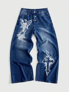 ROMWE MEN Street Life Men's Airplane Print Loose Fit Jeans - Blue - View 1