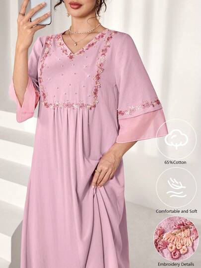 Al Najma Elegant V-Neck Colorful Floral Trim Beaded 3/4 Sleeve Flared Dress, Spring/Summer