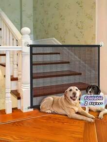 1Pc Punch-Free Pet Fence, Portable Foldable Pet Isolation Net For Stairs & Doorways, Safety Barrier For Dogs & Cats - Black - View 1
