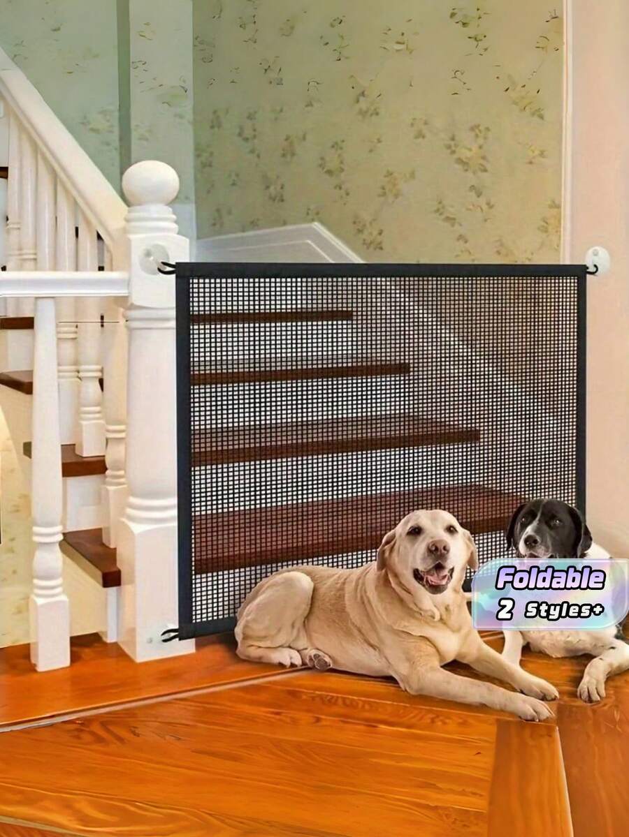 1Pc Punch-Free Pet Fence, Portable Foldable Pet Isolation Net For Stairs & Doorways, Safety Barrier For Dogs & Cats - Black - View 1