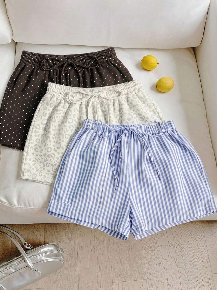 Veykashi 3pcs/Set Celana Pendek Ukuran Besar Bergaris, Kotak-kotak, Motif Leopard, Cocok untuk Kencan di Pantai, Liburan Malam di Musim Semi/Panas, Warna Beige Putih, Gaya Kasual Elegan - MultiWarna - View 1