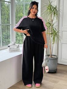 SHEIN EZwear Plus Size Women 2 Pieces Set, Patchwork Color Mid-Sleeve Top And Pants, Casual Daily Wear - Black - View 4