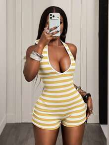 BamGleam American Retro Striped Tie-Up Jumpsuit,Blue & White Halter V-Neck Knit Bodycon Shorts, Backless Fitness White And Yellow,Summer,Club,Pool Party - Yellow - View 8