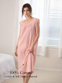 Ocili 100% Cotton Soft & Comfortable Ruffled Bowknot Nightgown, Women Sleepwear Dress - Pink - View 2