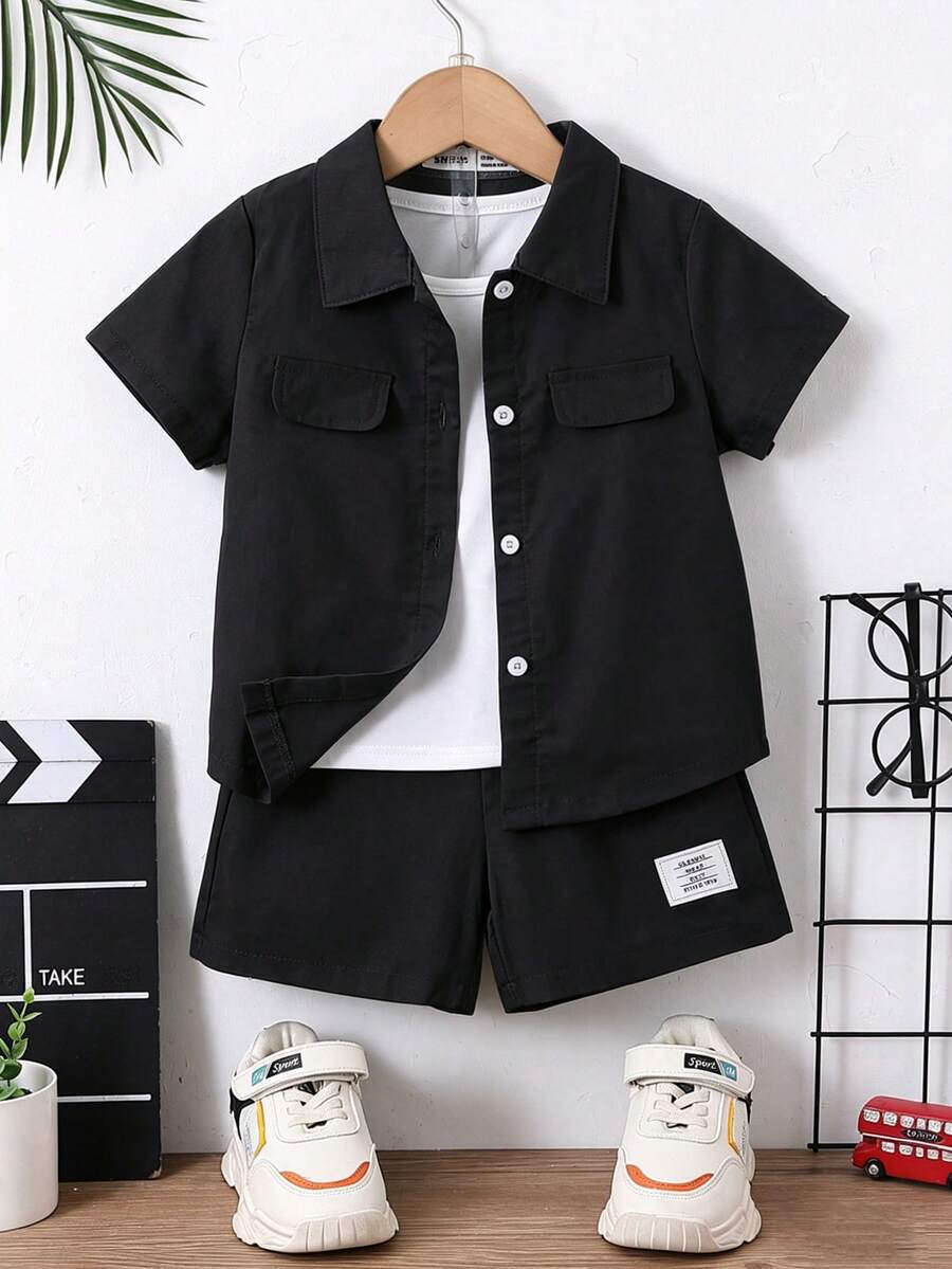 SHEIN Explorewe 男童纯色单排扣短袖衬衫和短裤休闲日常穿搭 - 黑色 - 查看 1