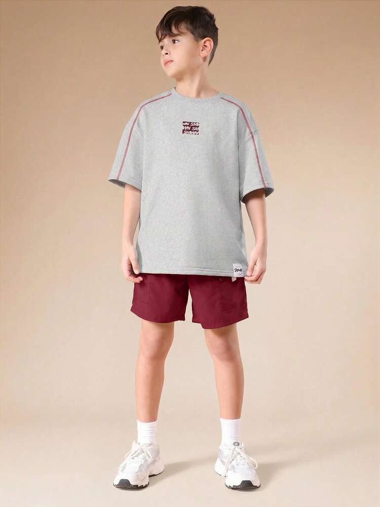 Tween Boys Contrast Stitch Crew Neck T-Shirt Shorts Casual Summer Co-Ord Set Red Overlock Detail