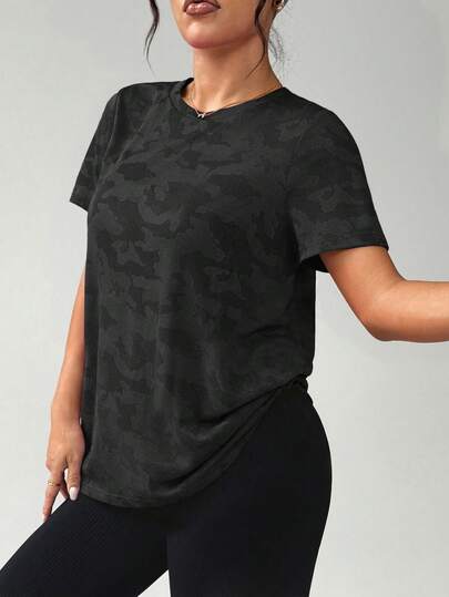 Easithlete Easithlete Plus Size Women Sports Yoga Outdoor Gym Short Sleeve T-Shirt, Jacquard Fabric With Curved Hem And Side Twist Design