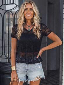EMERY ROSE Women's Western Style Casual V-Neck Ruffle Lace Short Sleeve Sheer Blouse - Black - View 1