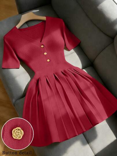 Franclia Women's Casual Elegant Daily Versatile Solid Color V-Neck Straight Shoulder Regular Short Knit Sweater Dress, Plus Size Slim Fit Short Sleeves Metallic Rose Buttons Umbrella-Shaped Pleated Hem Design Elegant Skirt, Vacation Outfit Short Sleeve Dress, Spring Summer