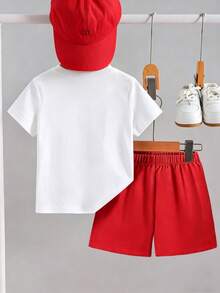 SHEIN 2pcs/Set Young Boys' Round Neck Short Sleeve Casual Comfortable Breathable Versatile Summer Outfit - Red - View 2