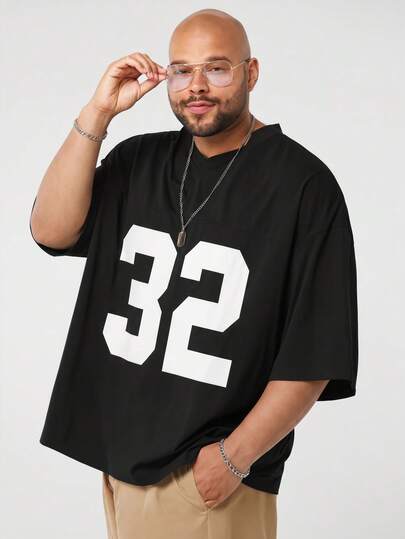 EASEVO Plus Size Men's Casual Loose Fit Numeric Print Round Neck Short Sleeve T-Shirt