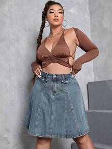 SHEIN ICON 大码女式休闲百搭日常牛仔A字裙 - 藍色 - 查看 6
