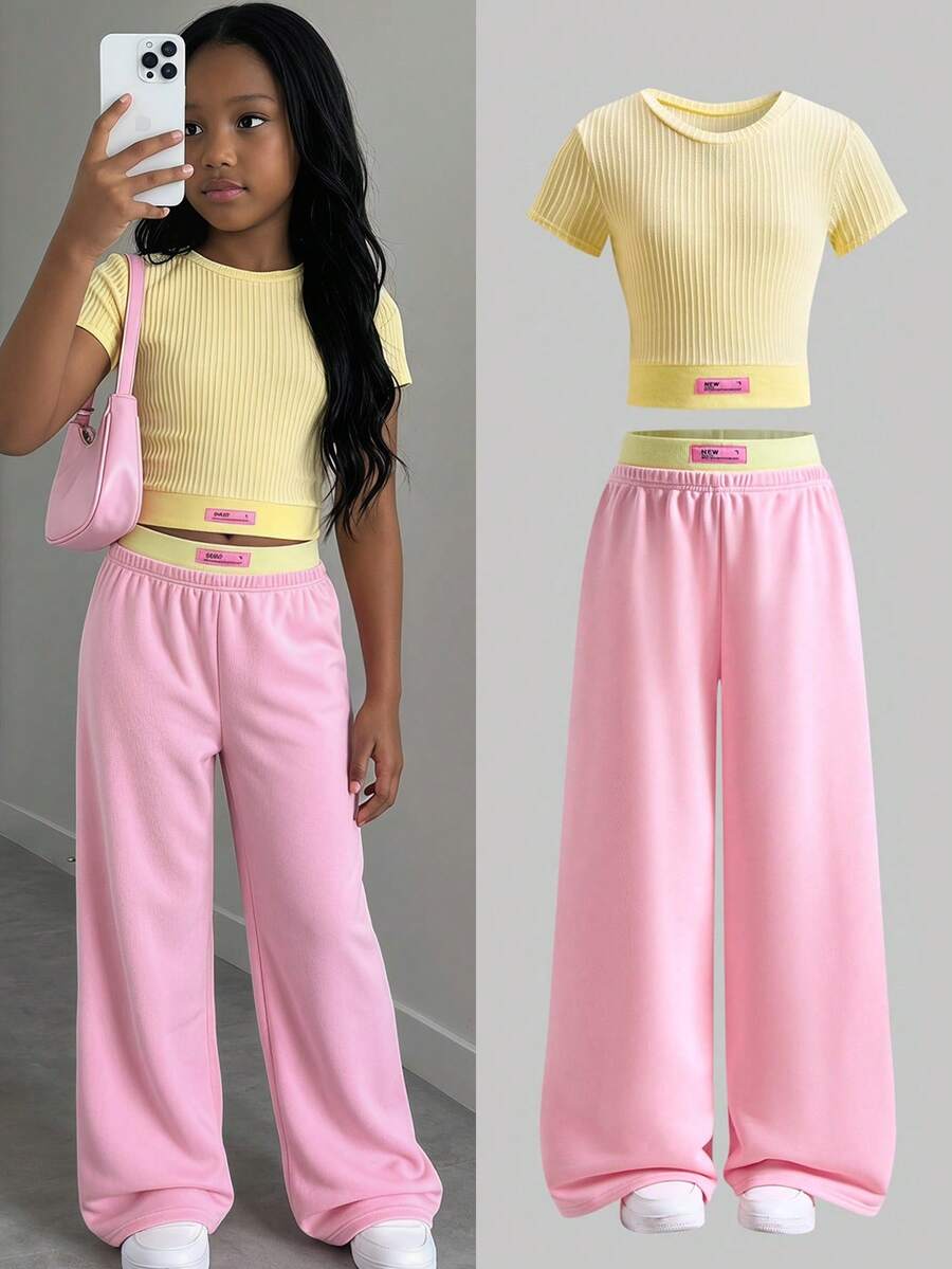 SHEIN Tween Girls' Casual All-Match Versatile Nordic Style Comfortable Knit Sleeveless Cropped Tank Top + Contrast Waistband Sweatpants Set - Multicolor - View 1