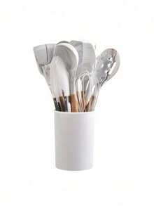 Juego de 12 piezas de utensilios de cocina de silicona con mango de madera antiadherente, resistentes al calor, con cubo de almacenamiento - Multicolor - Ver 17