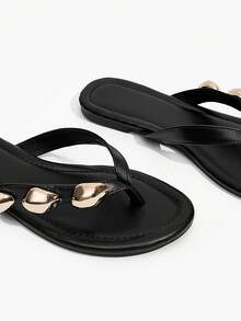 Grefit Ladies Elegant Summer Black PU Face Flat Bottom Angle Slippers - Black - View 3