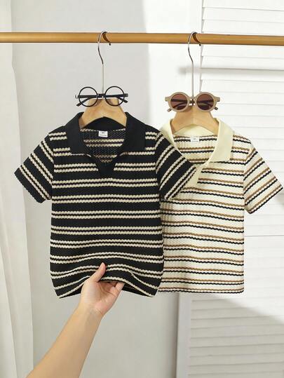 SHEIN Explorewe 2pcs/Set Young Boys' Casual Collegiate Waffle Stripe Knit V-Neck Polo Shirt, Suitable For 4-7 Years Old Boys To Wear In Spring And Summer. This Sunny Boy Polo Shirt Is Suitable For , Attending School, And Staying At Home. Whether , Attending School, Or At Home, Boys Can Wear This Casual, Comfortable And Elegant Shirt. This Top Is Versatile And Durable, Suitable For Boys' Daily Life And Gatherings. Let Boys Stay Fashionable And Comfortable, Full Of Fun And Vitality In Life!