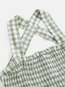 SHEIN 少女春夏新款清新乡村露背大蝴蝶结绿白格纹无袖优雅短裙 - 綠色 - 查看 6