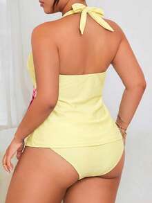 Swim Lushoire Set Bikini Seksi Tanpa Punggung Motif Leopard Leher Halter untuk Wanita Ukuran Besar, Pakaian Renang Dua Potong - Kuning muda - View 2
