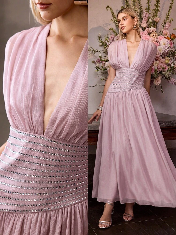 MOTF Soiréza ELEGANT SLEEVELESS DEEP V-NECK MAXI PARTY GOWN FOR WOMEN, CHEST PLEATED DETAILING, WAIST RHINESTONE EMBELLISHMENTS, BACK LACE-UP DETAIL