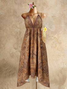 Mistrie Women's Brown Boho Summer Holiday Vacation Holiday,Vintage Paisley Print Halter V-Neck Cinched Waist Irregular Hem Chiffon Loose Beach Dress - Brown - View 5