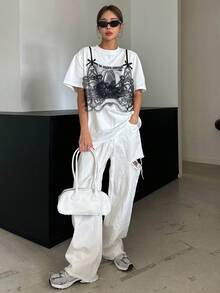 DAZY Women's Summer Loose Casual Slogan Lace Trim Drop-Shoulder T-Shirt, Graphic Tee Festival - White - View 3