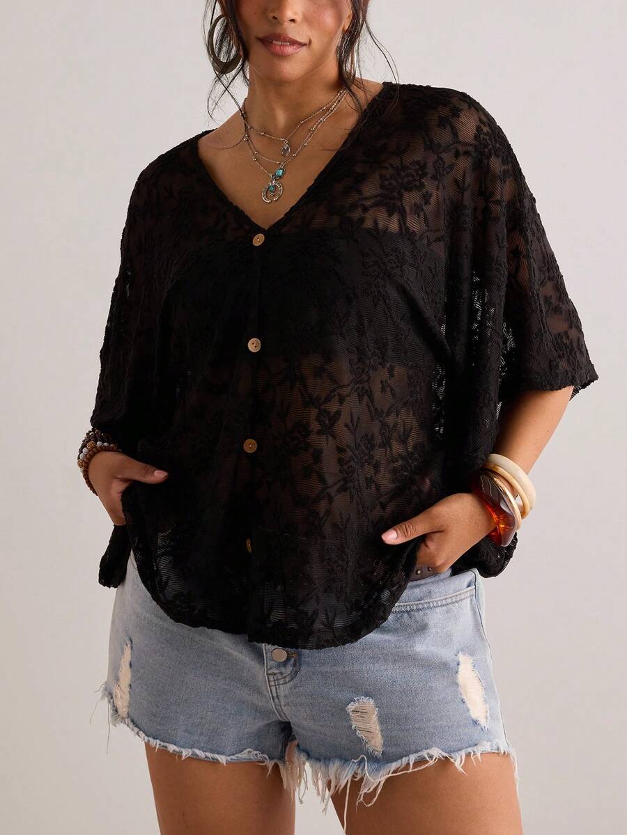 Freevana Plus Size Textured Batwing Sleeve V-Neck Blouse - Black - View 1