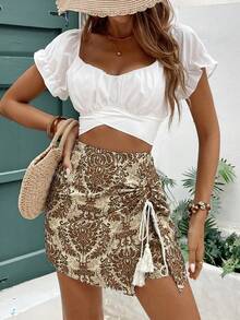 SHEIN Frenchy Váy ngắn in hình cây cảnh cho kỳ nghỉ của phụ nữ Thiết kế tua rua viền bất đối xứng - Cà phê nâu - Xem 7
