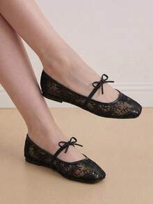 Eladyva Ballerines plates noires pour femmes, avec nœud, décor de fleurs brodées, maille respirante, bout carré, paillettes, convient aux pieds larges/grande taille, été - Noir - Voir 5