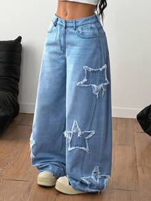 Coolane Quần jeans ống rộng nữ có túi, cài nút, kiểu dáng thường ngày, đa năng, thích hợp mặc hàng ngày. - Rửa trung bình - Xem 5