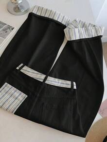GlowEve Women's Patchwork Striped Pocket Wide Leg Loose Casual Jeans - Black - View 2