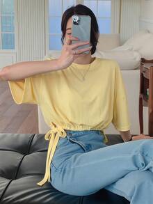 DAZY 女士休闲纯色系带短袖T恤，夏季 - 黃色 - 查看 3