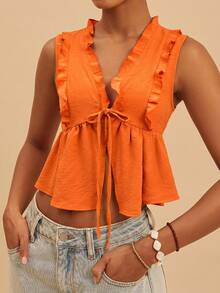 Travachic Women's Solid Color Pleated Tie Front Casual Boho Versatile Daily Wear Blouse Summer Holiday Outfits For Women Beach Orange Red - Orange - View 3