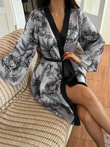DAZY Áo choàng mặc nhà thoải mái dành cho nữ, cổ chữ V, in họa tiết toàn thân, thắt eo. - Màu xanh lam - Xem 6