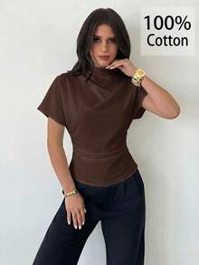 Firerie Wrinkled Collar Asymmetrical Sleeve Side Ruched Cinched Waist Commuter Apricot Bamboo Fiber Linen Blouse For Women, All Season,Summer Top - Brown - View 6