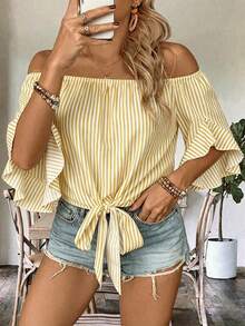 EMERY ROSE Plus Size Casual Striped Off-Shoulder Tie-Up Shirt - Yellow - View 4