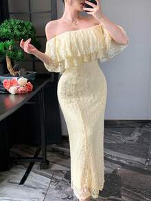 DAZY Spring Summer Hollow Lace Ruffle Casual Vacation Style Beach Elegant Commute Yellow Women's Mid-Length Dress Sundress - Yellow - View 8